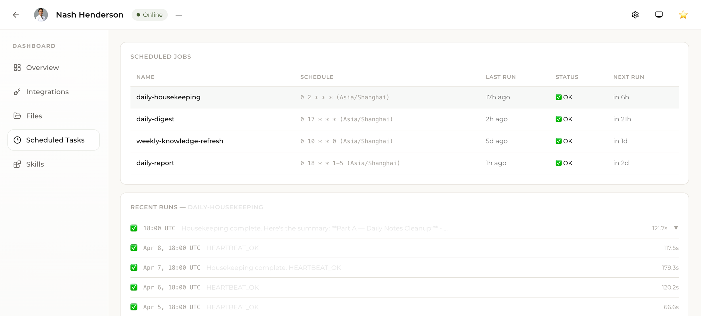 Scheduled Tasks tab on the Dashboard