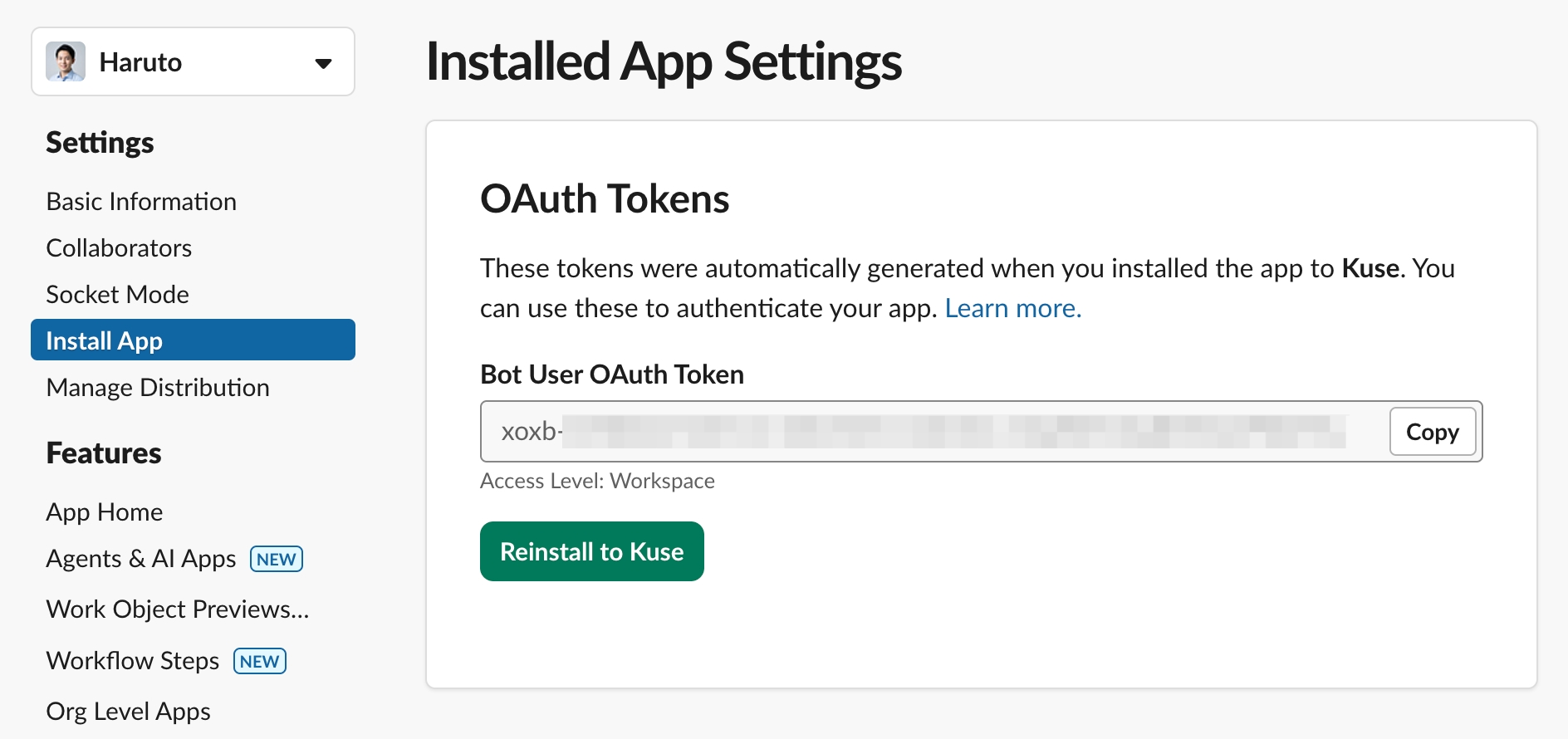 Bot User OAuth Token in OAuth & Permissions