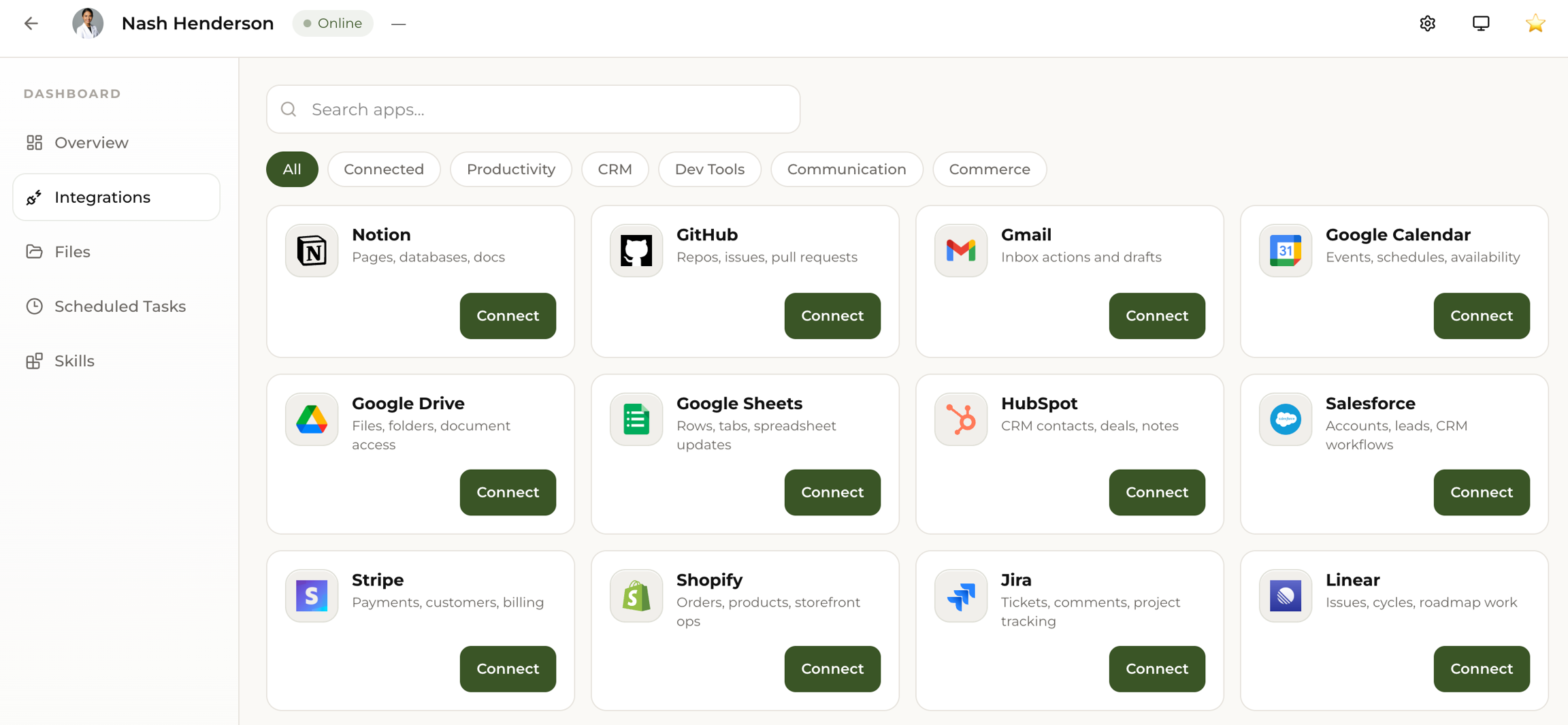 Integrations tab on the Dashboard